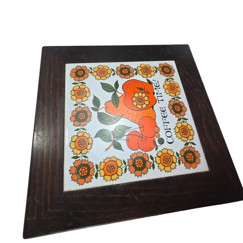 Vtg 60s Fujimiyaki Ceramic Tile Trivet in Footed Wood Frame 